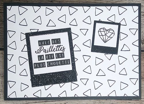 Carte en noir et blanc avec les dies polaroïd et du papier pailleté. #Scrapplaisir