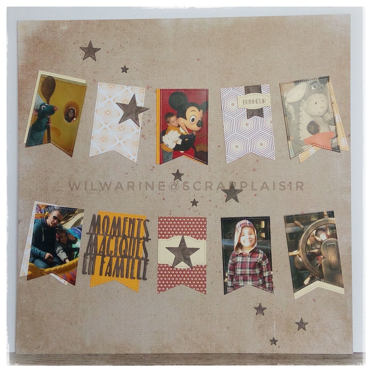 page de scrap, scrapbooking, automne, fanions, étoiles, Scrap Plaisir