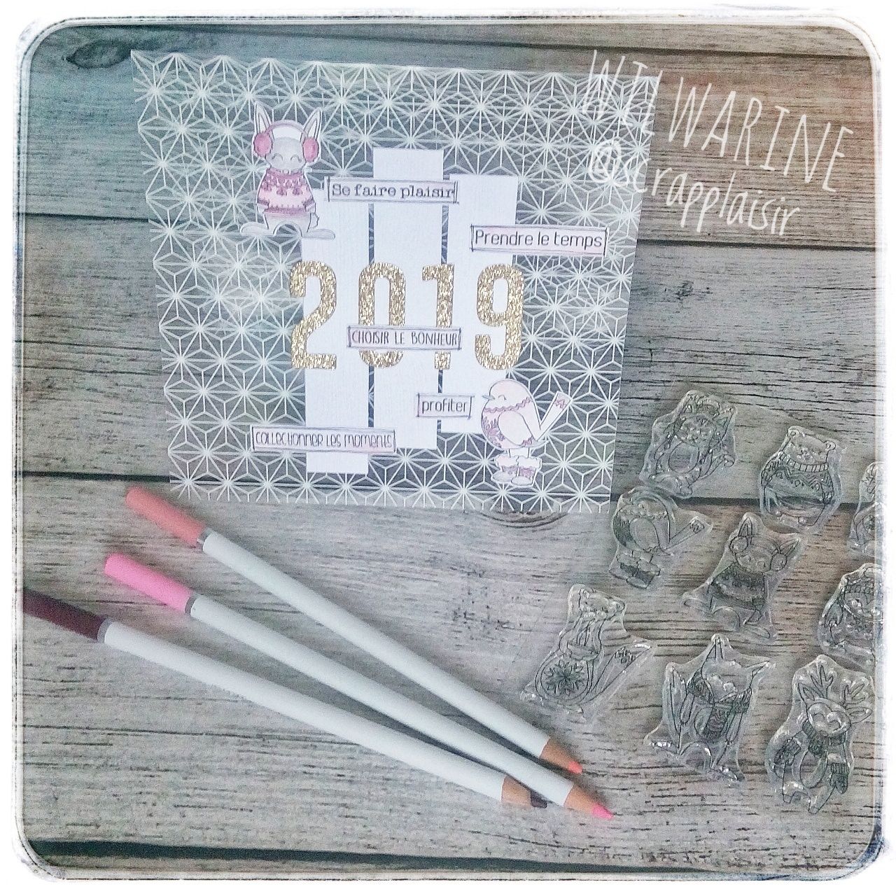 Carte de voeux 2019 sur overlay transparent avec papier glitter pailleté doré, tampons clear mascottes hiver, scrapplaisir