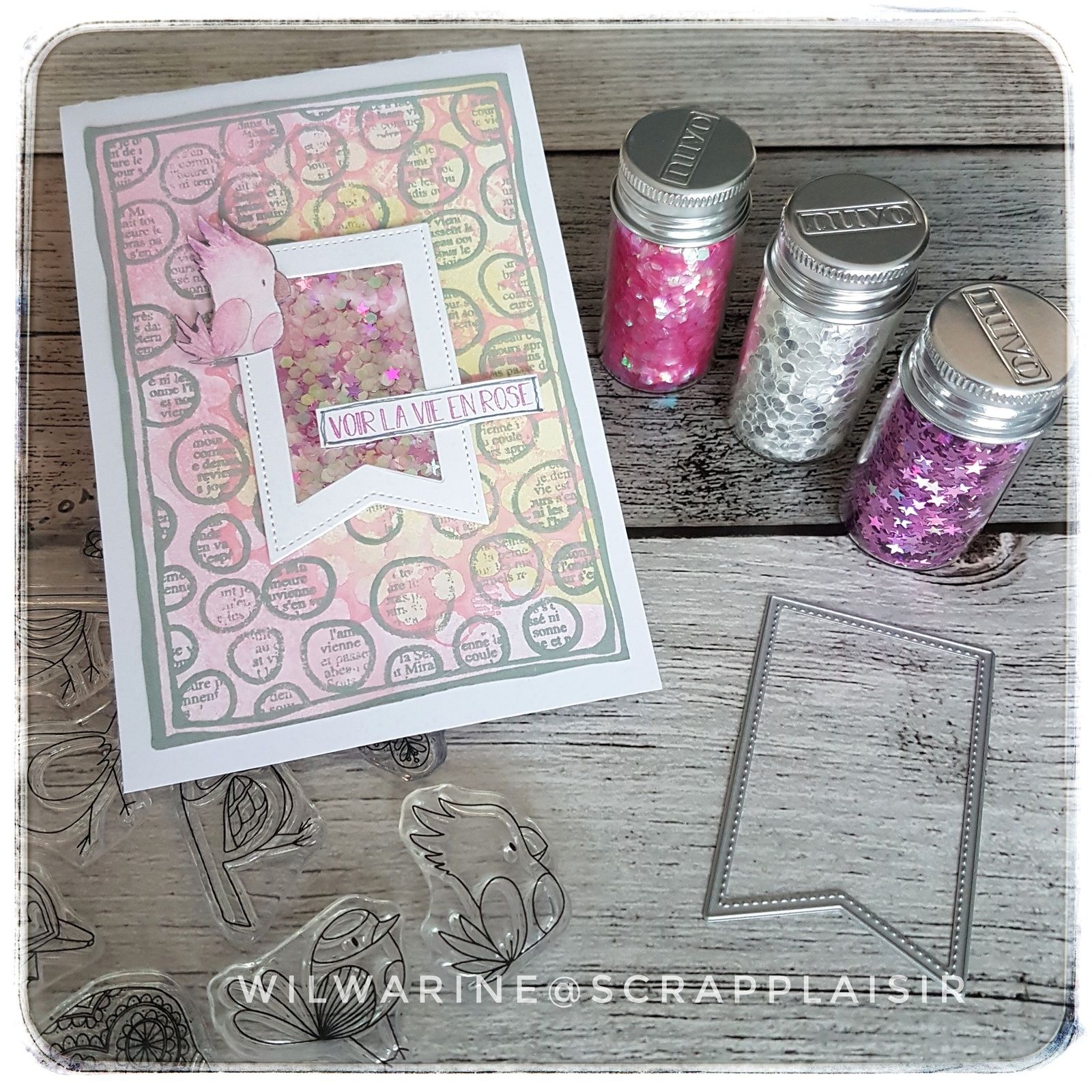 carte shaker box avec les produits carabelle et scrap-plaisir créaplaisir, distress oxide rose, vert et gris, confettis nuvo