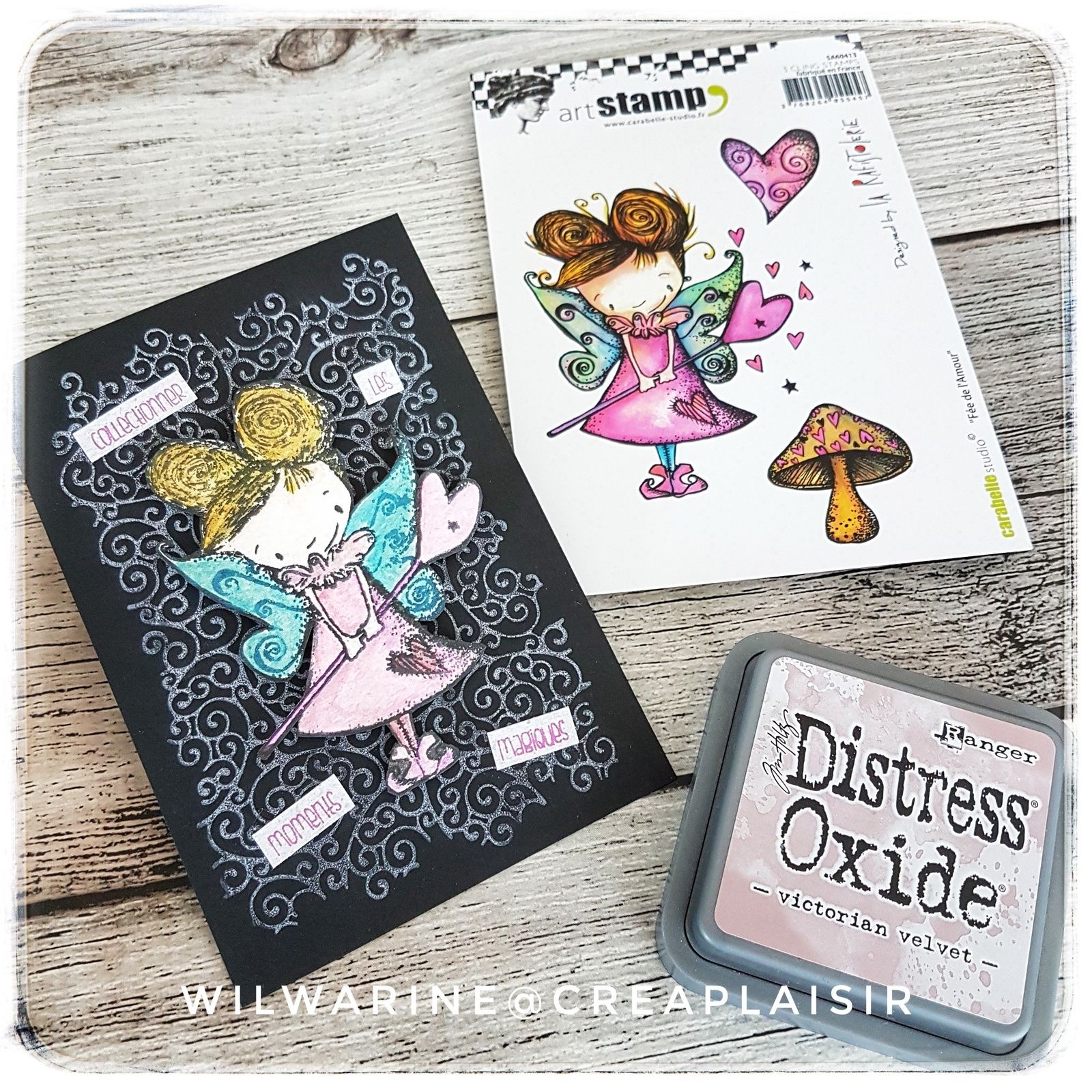 carte Carabelle chez Scrap-Plaisir avec les distress oxide, un art printing et le tampon fée de l'amour ; Créaplaisir ; mousse nuvo