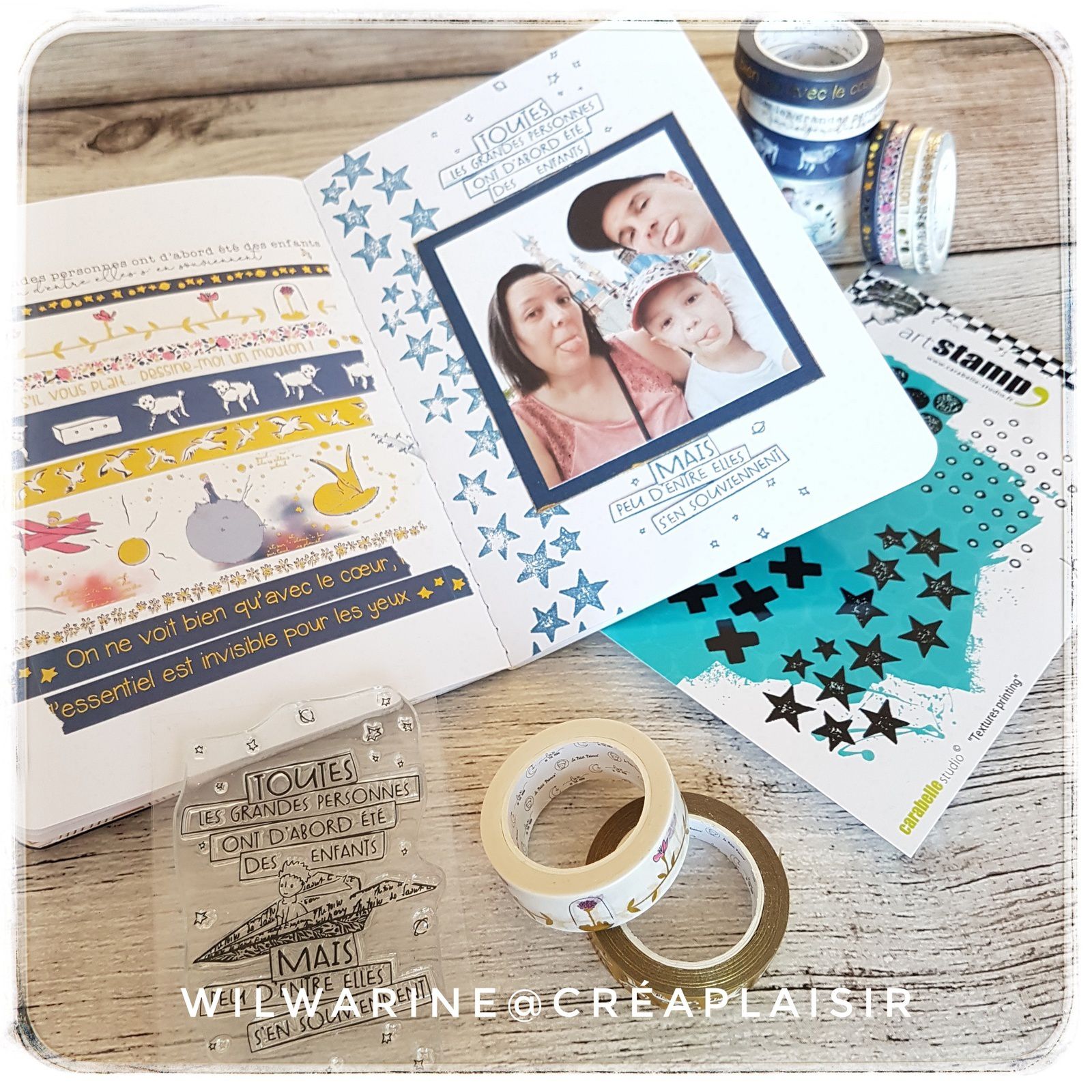 Double page scrapbooking Scrap-Plaisir, Créaplaisir, Le petit Prince, Love in the Moon, Carabelle, Masking tape, Washi tape, étoiles