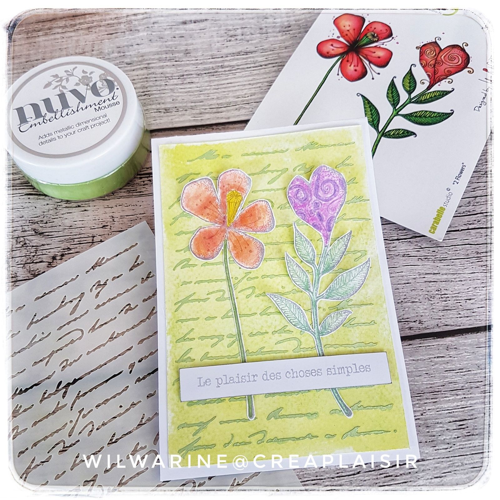 carte Carabelle chez Scrap-plaisir, Créaplaisir, fond aquarellé, pochoir à la mousse Nuvo, tampon caoutchous 2 flowers