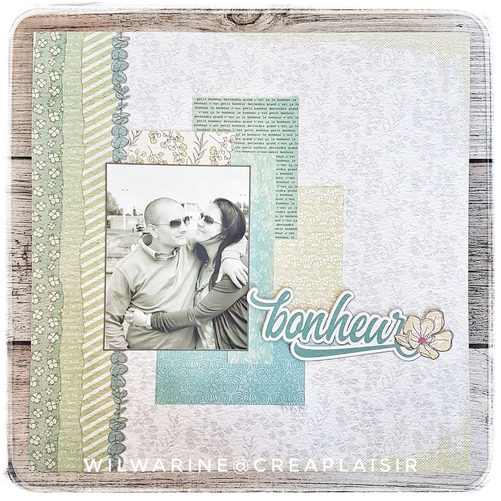 page de scrap bonheur créaplaisir, scrapplaisir, papiers sultane, mon joli petit printemps, vert