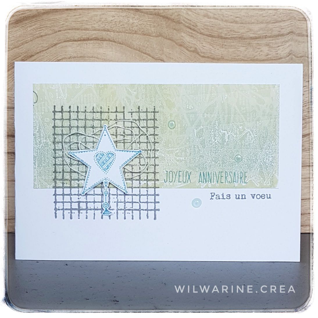 carte d'anniversaire, carterie, gel press, carabelle, distress oxides, nuvo dots, fait main, vert, gris, étoile