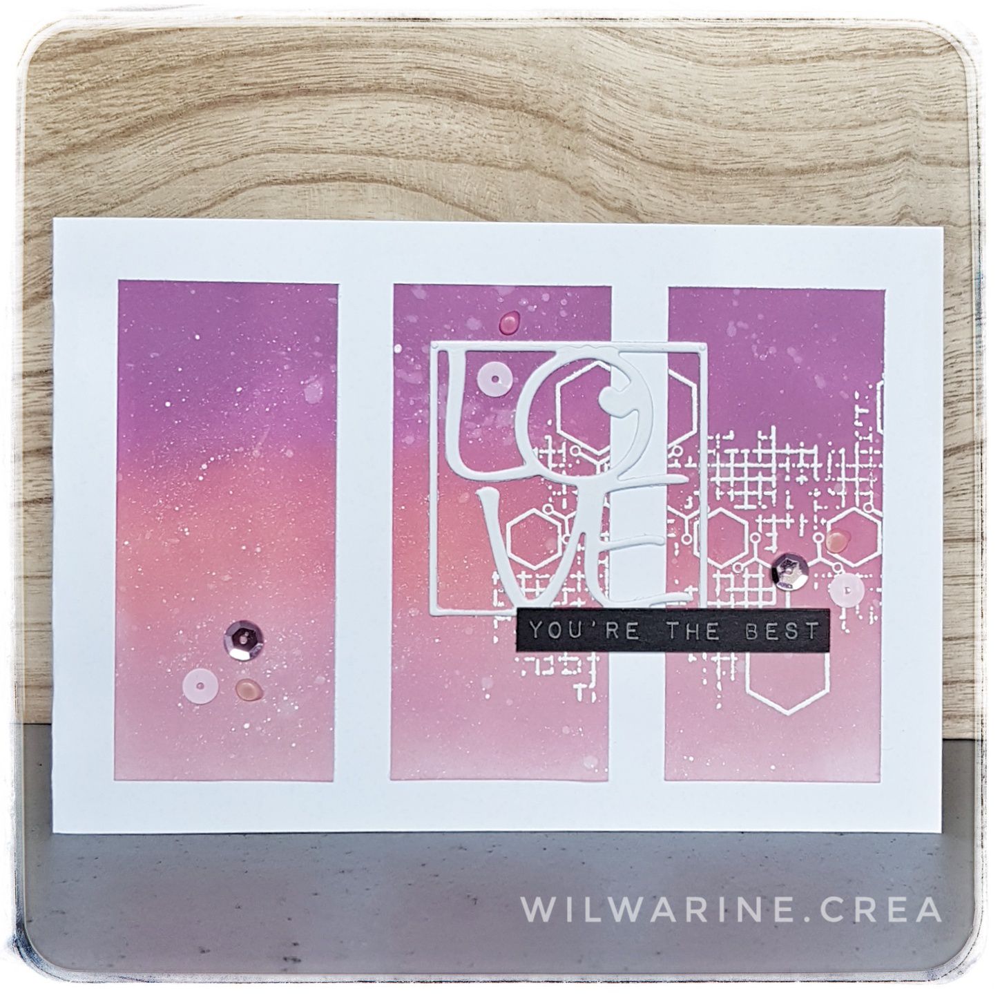 carte love, rose, mauve, distress oxide, embossage blanc