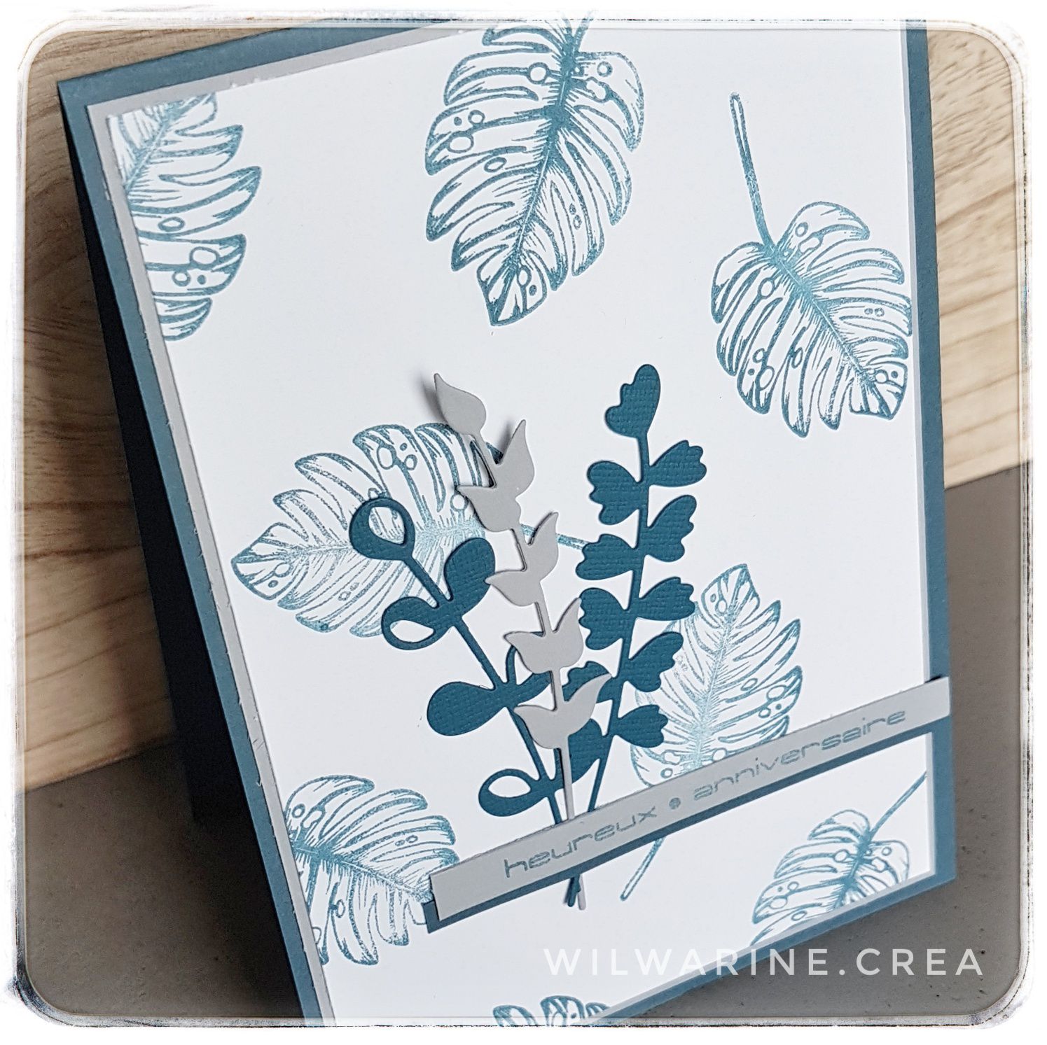 carte d'anniversaire, feuillages, bleu et gris, simply graphic, scrapplaisir, stampin up
