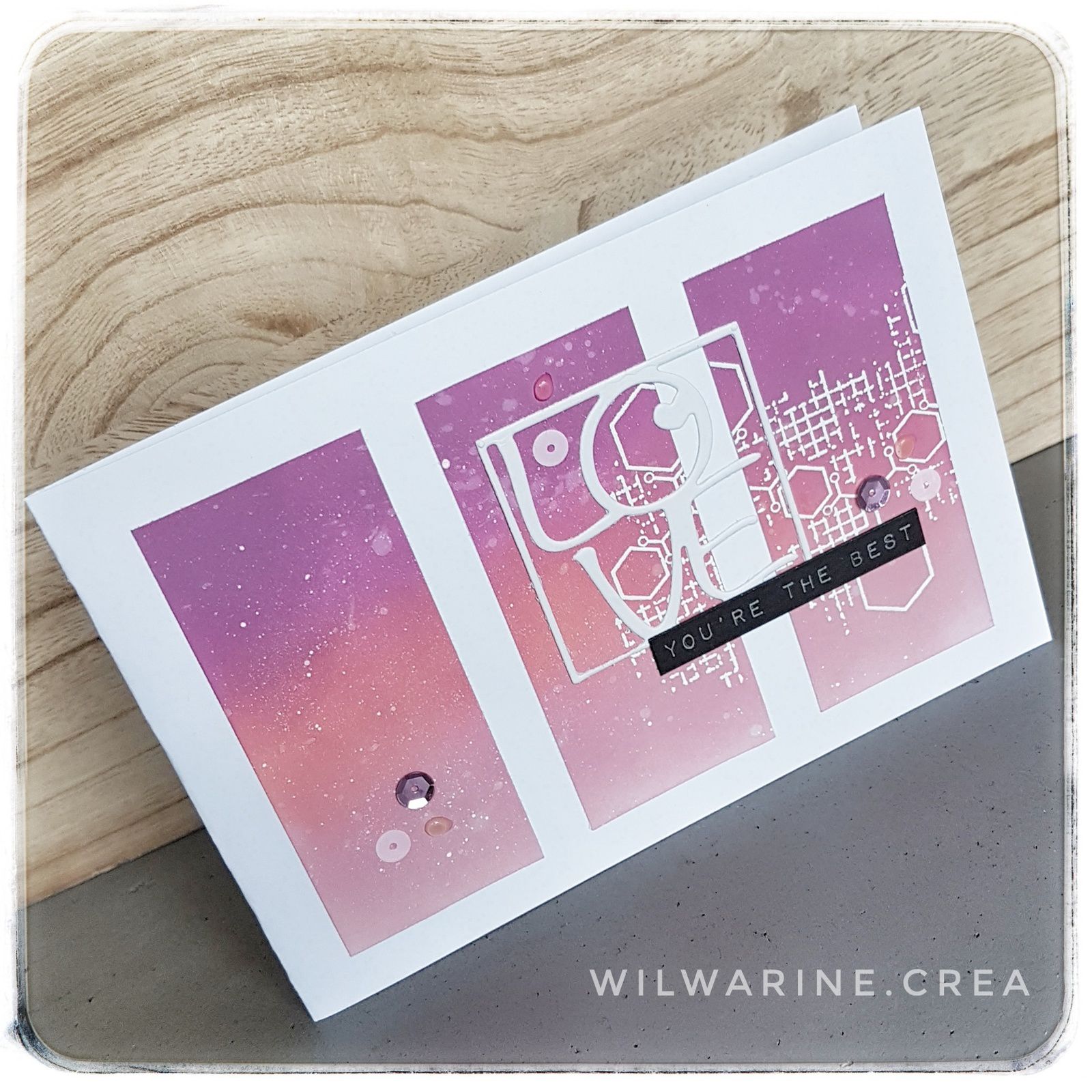 carte love, rose, mauve, distress oxide, embossage blanc