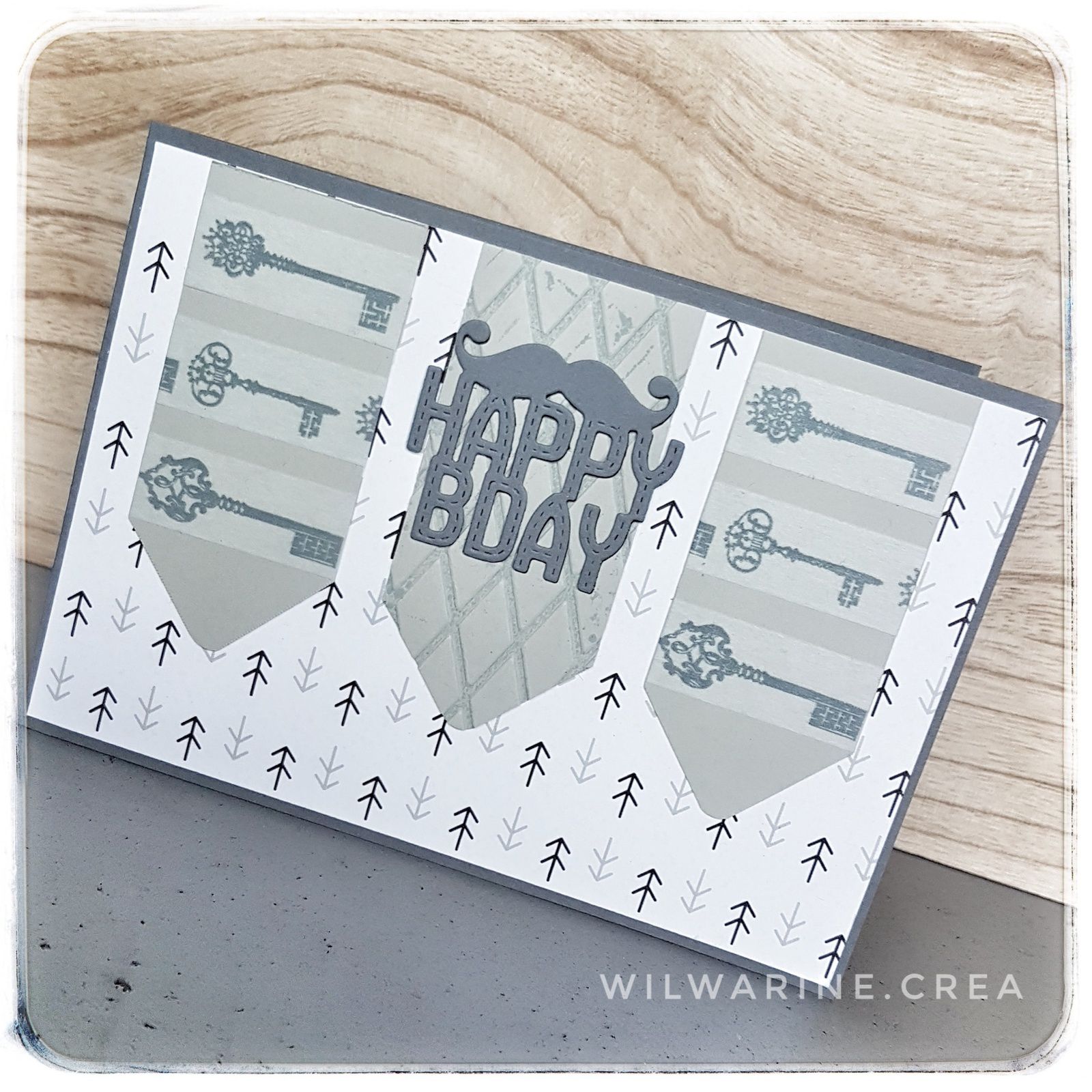 carte anniversaire masculine, gris, beige, clés, clefs, masking tape, washi tape, embossage à froid, papiers chou&flowers