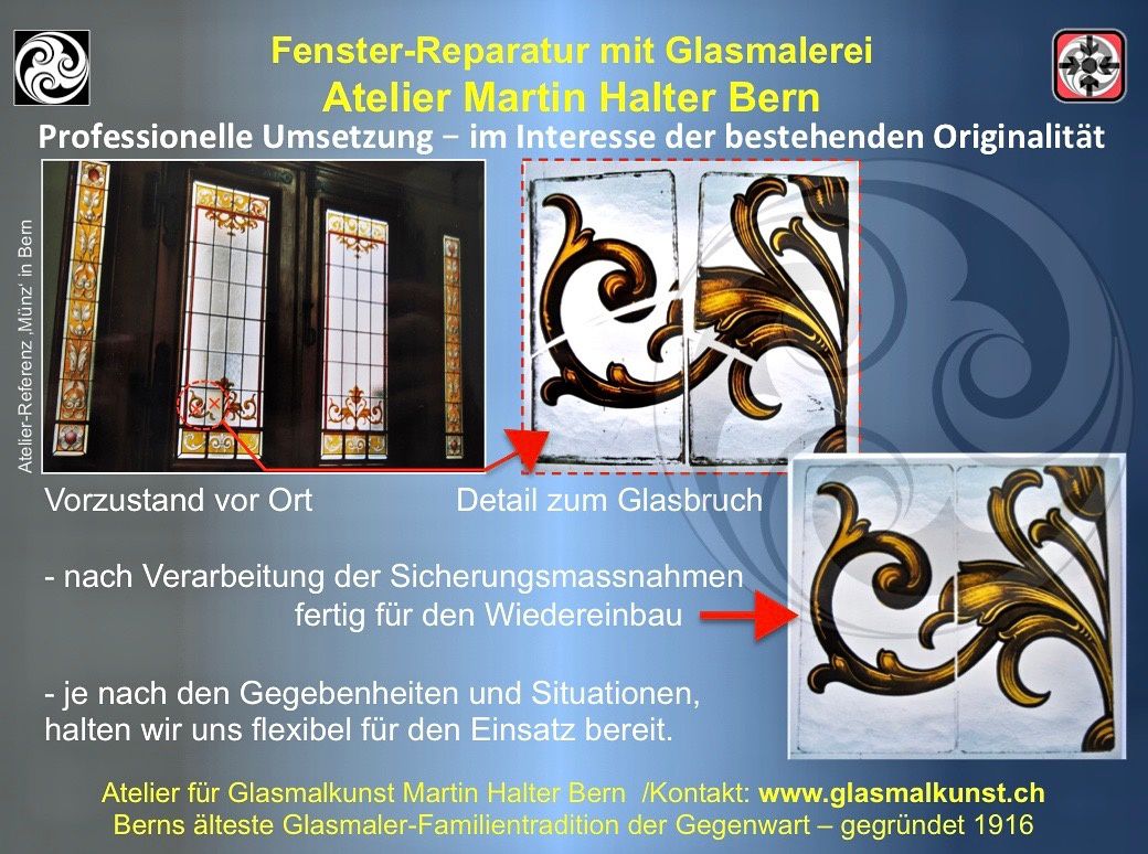 Glasmaler-Restaurator in CH-3013 Bern, Atelier seit 1916 in der Stadt Bern, glasmalkunst.ch