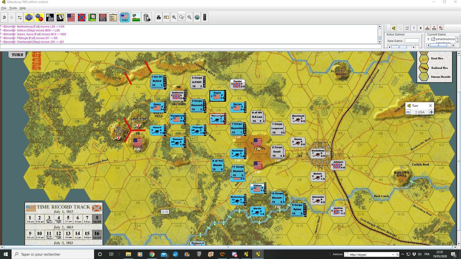 Tour 2 Nordiste et tour 5 confédérés, il reste encore deux tours de jours avant que la nuit fige les postions et même si le Sudistes a réussi a combler son retard en pv, à part cemetary hill, le reste des objectifs territoriaux semblent inatteignables. Peach orchard a été l'objet de trois attaques successives du nordiste avec un sudiste un peu chanceux qui a repoussé les assauts mais jusque quand ...