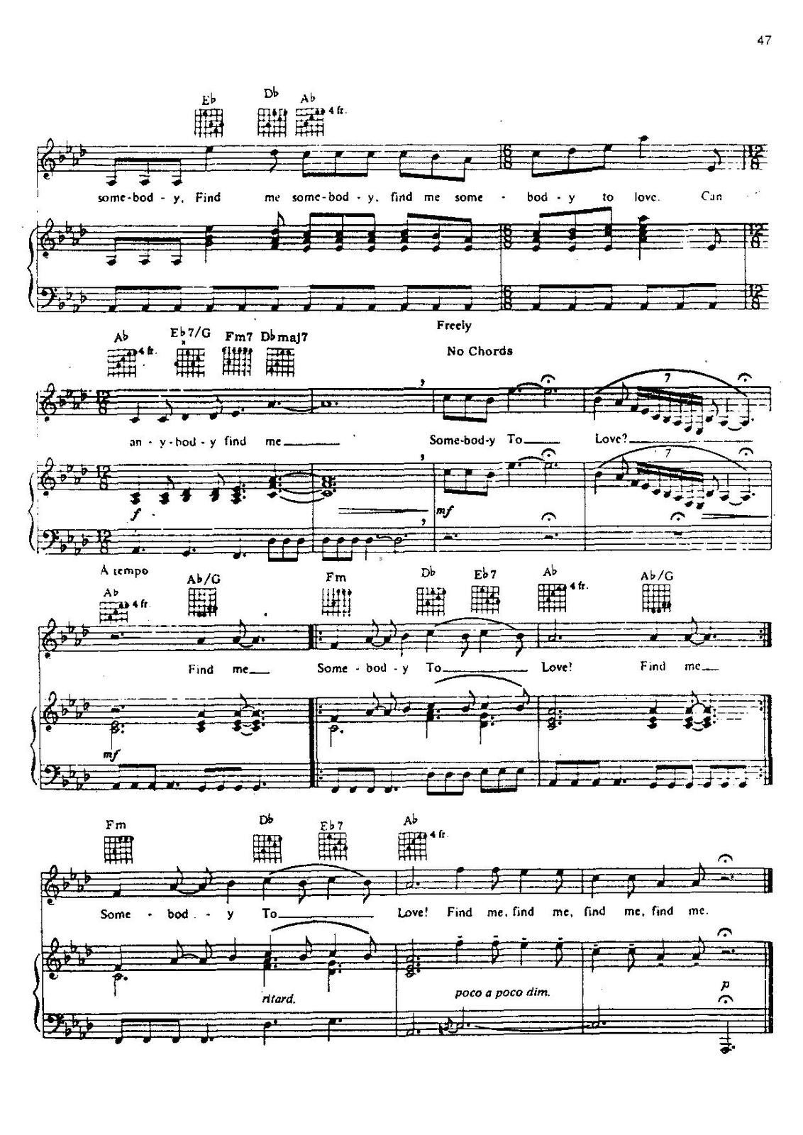 Partitura para Piano &quot;Somebody To Love&quot; | Queen