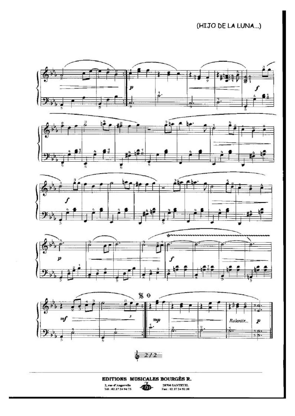 Partitura Para Piano "Hijo De La Luna" | Mecano - Las Notas De Nana