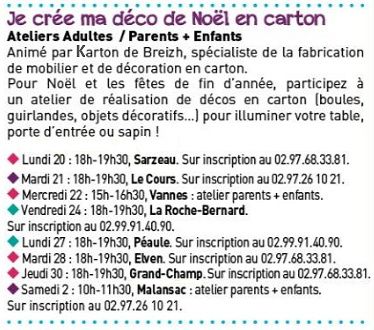 Ateliers Karton de Breizh pour la SERD 2017, à Sarzeau, Le Cours, Vannes, La Roche Bernard, Péaule, Elven, Grand-Champ, Malansac.