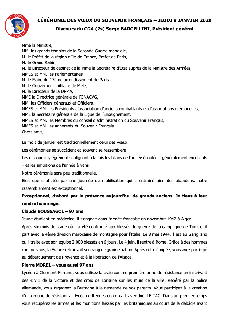RÉGION ILE DE FRANCE : PARIS (75) JEUDI 9 JANVIER 2020 L’A.M.N.D.V.D.E.N INVITÉE AUX VŒUX DU SOUVENIR FRANÇAIS EN PRÉSENCE DE MADAME FLORENCE PARLY, MINISTRE DES ARMÉES.