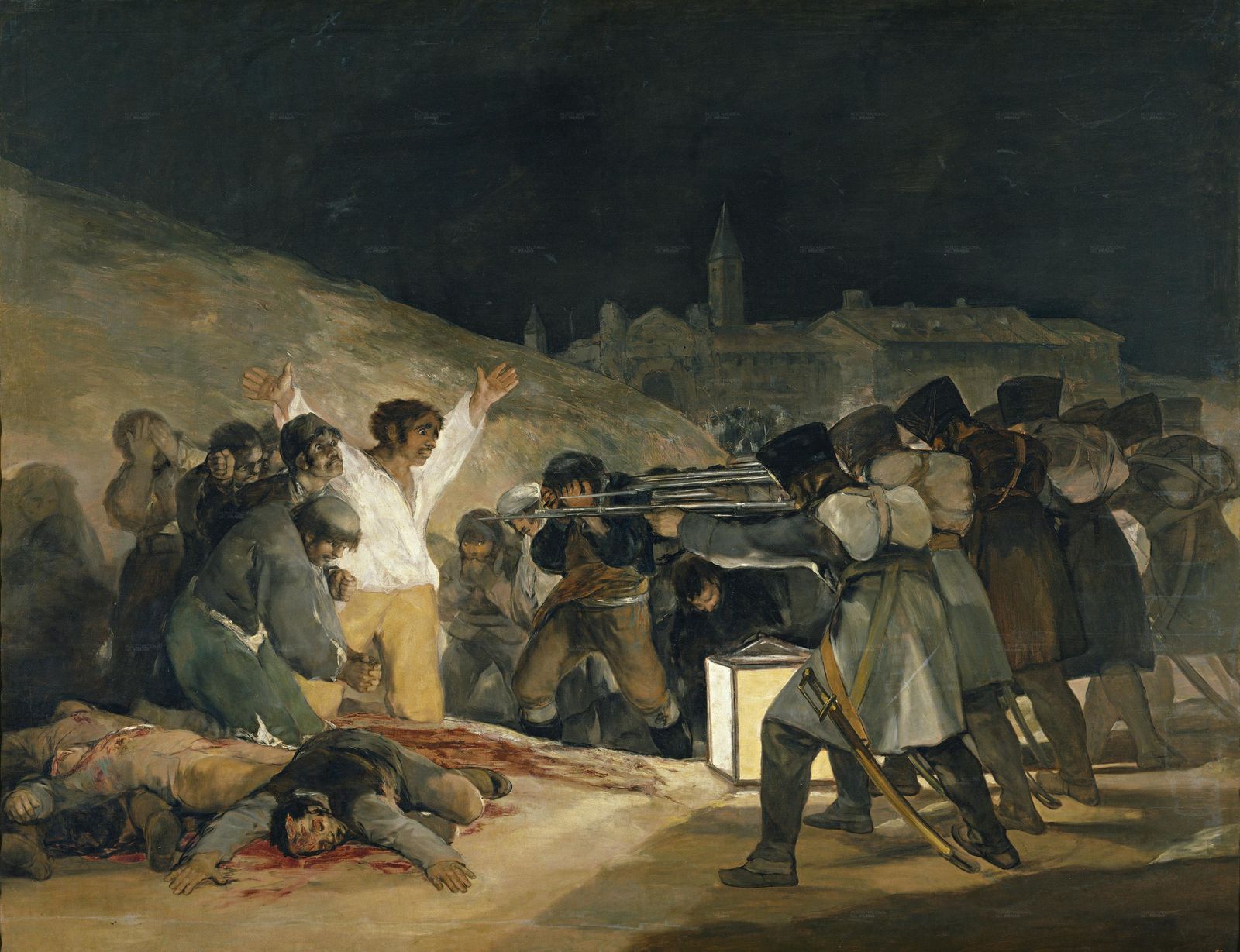 Nom de l’artiste : Francisco de Goya   Titre de l’oeuvre : Tres de mayo   Date : 1814   Technique : Peinture sur toile   Dimension : 345x266cm   Lieu de conservation : Musée du Prado, Madrid