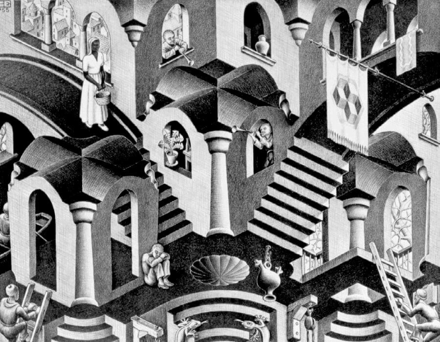 M. C. Escher	1953  Relativity	lithographie   / Squid game / 2021