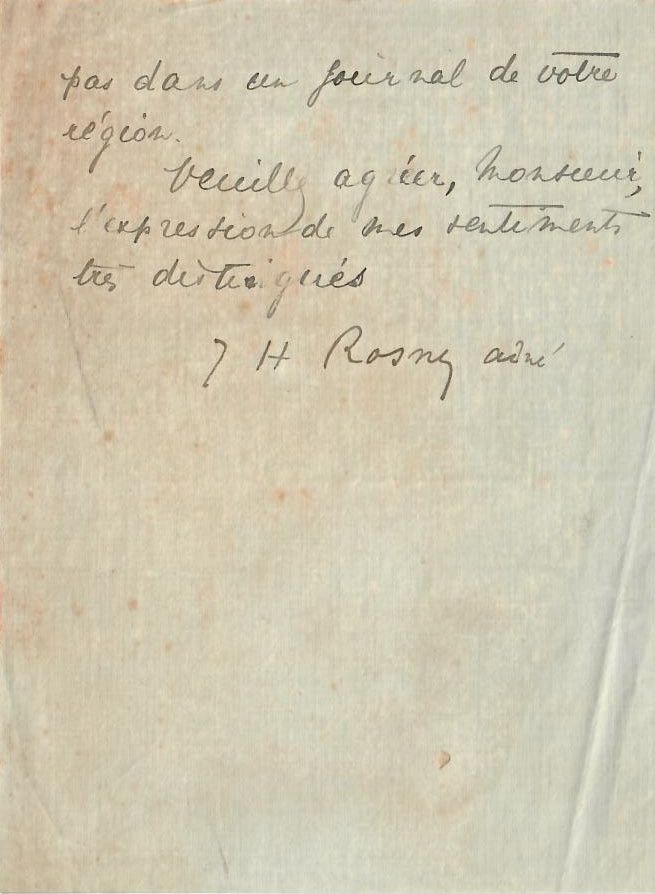 Lettre autographe signée de J.-H. Rosny aîné (10 août 1910)
