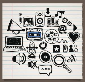 Doodle web icons on striped paper