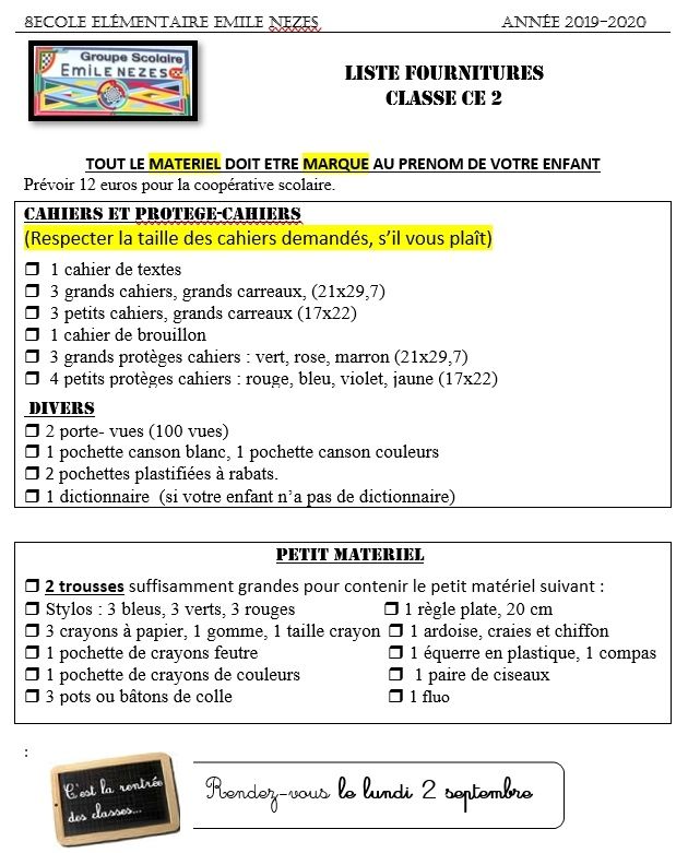 Liste De Fournitures Scolaires Ce2 Liste des fournitures CE2 - Le blog de l'école Emile NEZES