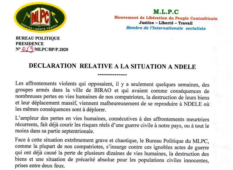 Le MLPC et Martin ZIGUELE condamnent fermement les massacres de Ndélé