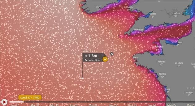 Les hauteurs de vagues sur la route du maxi trimaran de Francis Joyon lundi soir à 19h. Toutes comprises comprises entre 7 et 9 mètres. | WINDY.COM