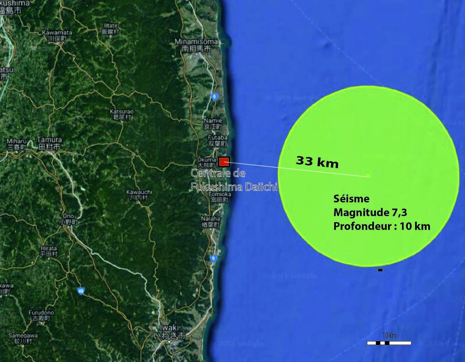 Situation de l’épicentre par rapport à la centrale de Fukushima Daiichi