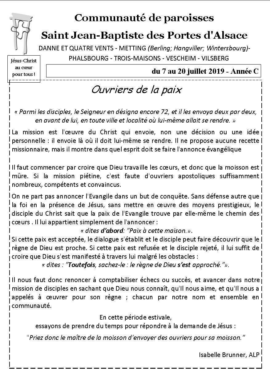 Bulletin paroissial du 7 au 20 juillet 2019