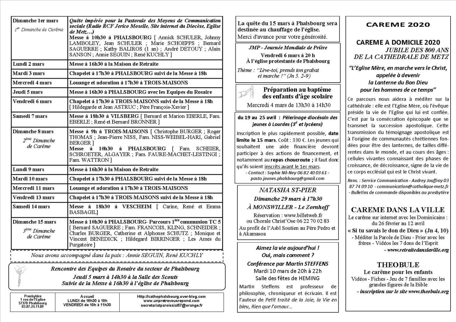 Bulletin paroissial du 1er au 14 mars 2020