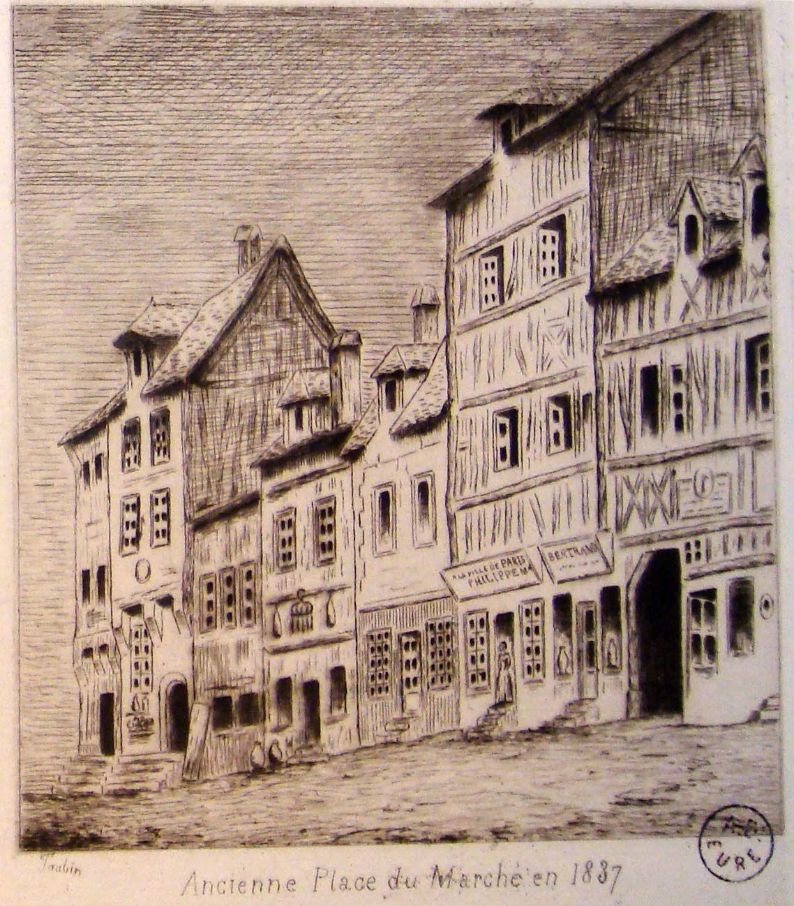 Ce dessin signé Faubin montre que le bâtiment qui nous intéresse était déjà divisé en deux boutiques en 1837 et que son panneau sculpté était masqué (Archives de l'Eure : 1Fi 855)