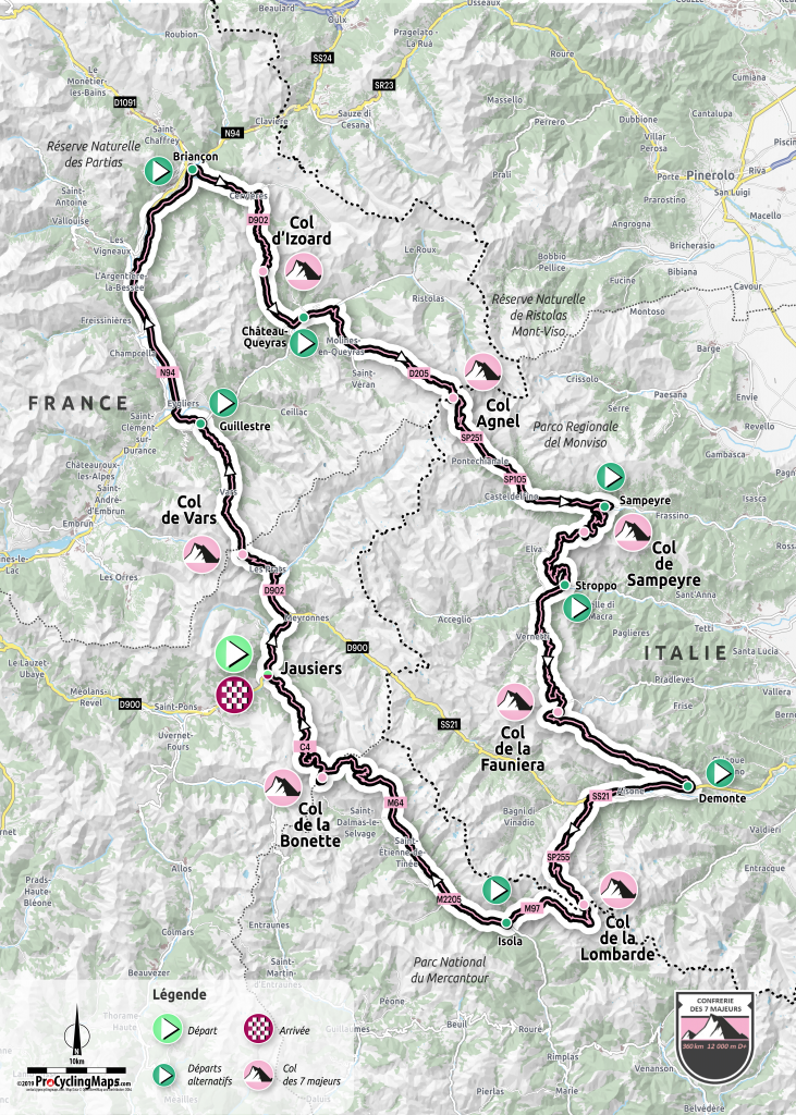 Le parcours officiel des 7 majeurs, une boucle à travers les grands cols Français et Italiens
