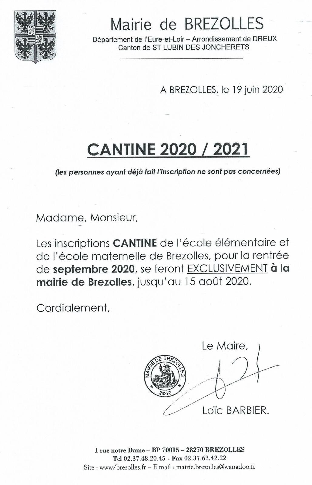 Inscriptions 2020/2021 à la cantine
