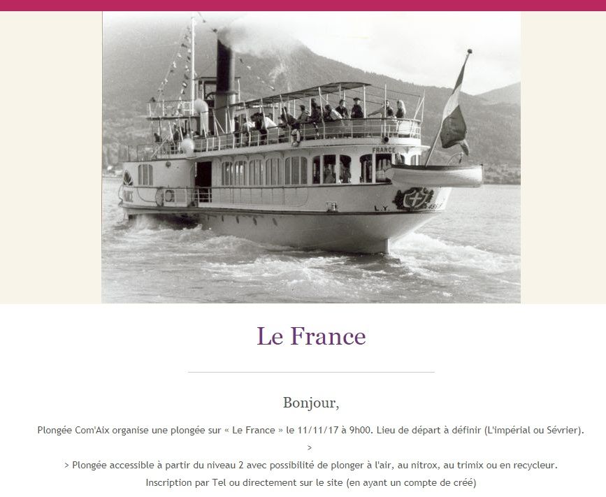 PUB : Plongée à Annecy sur le France (le 11/11)