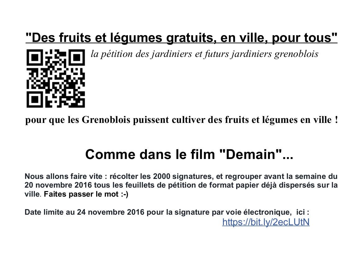 Signatures jusqu'au 24 novembre 2016 - Pétition "Des fruits et légumes gratuits, en ville, pour tous" - Grenoble(38)