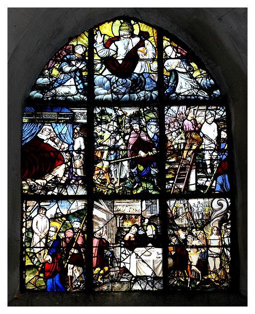 « Le pendu dépendu »  représente l’une des nombreuses anecdotes de la légende des pèlerins de Saint-Jacques-de-Compostelle. œuvre de Pierre Bacon, maître verrier à Orléans _ 1850.