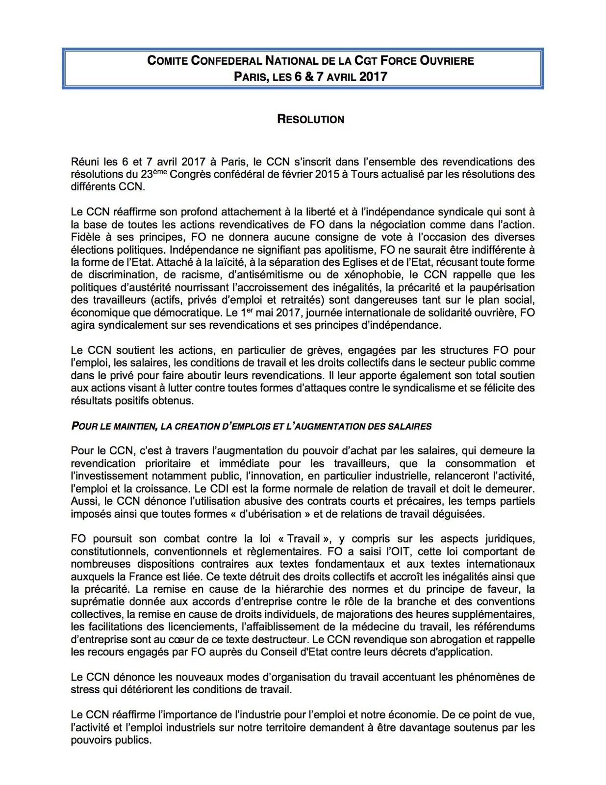 Résolution du Comité Confédéral National de la CGT Force Ouvrière