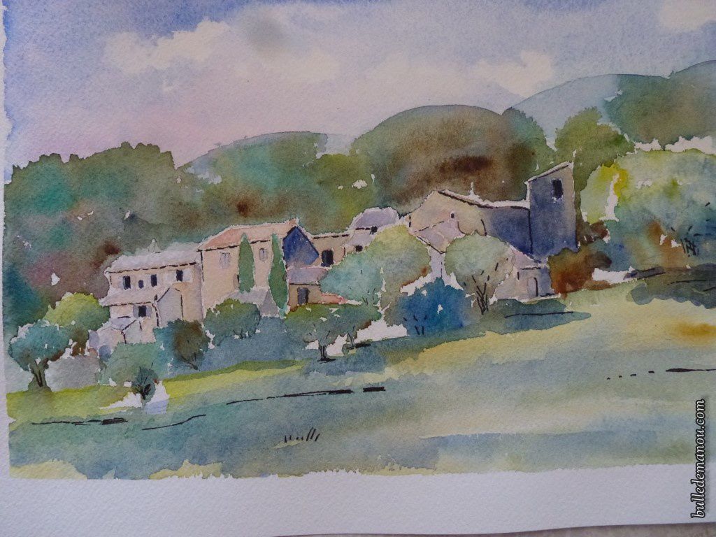 Mon aquarelle représentant le petit hameau des Bastides