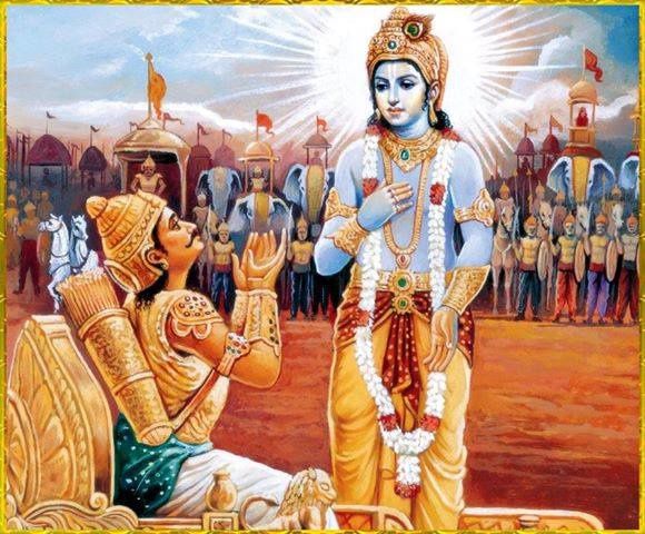 Krishna enseigne la Bhagavad-gita à Arjuna 