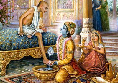 Krishna, de la classe des guerriers, lavant les pieds d'un brahmana, selon les règles de l'hospitalité et par respect.