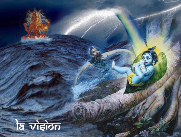 Markandeya, épuisé, voit l'enfant Krishna sur une feuille dans un arbre Banian