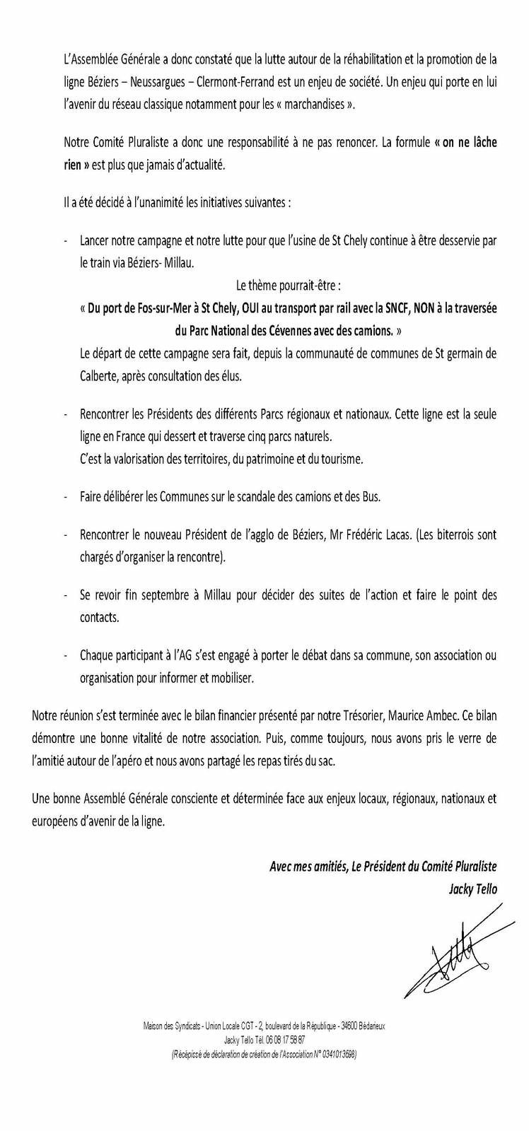 Campagne/action pour la ligne SNCF Beziers - Neussargues - Clermont-Ferrand