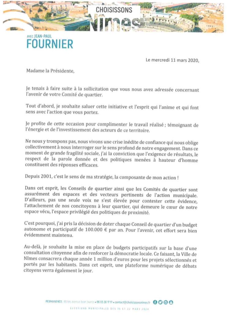 Comité de Quartier de Villeverte, élections municipales, réponses Jean-Paul Fournier