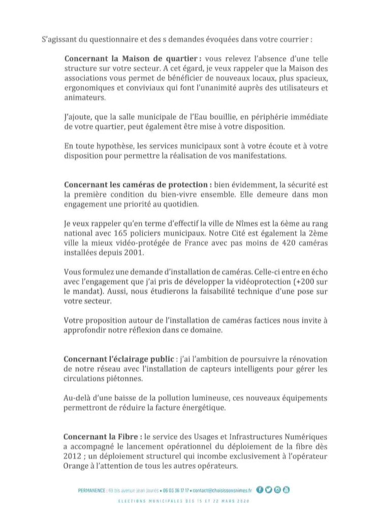Comité de Quartier de Villeverte à Nîmes, réponses de Jean-Paul Fournier, municipales