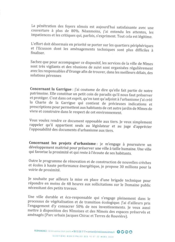 Comité de Quartier de Villeverte, Réponses jean-Paul Fournier, liste choisissons Nîmes.