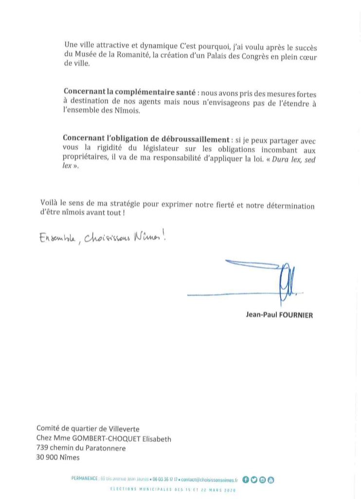 Comité de Quartier de Villeverte, municipale Réponses Jean-Paul Fournier, liste choisissons Nîmes