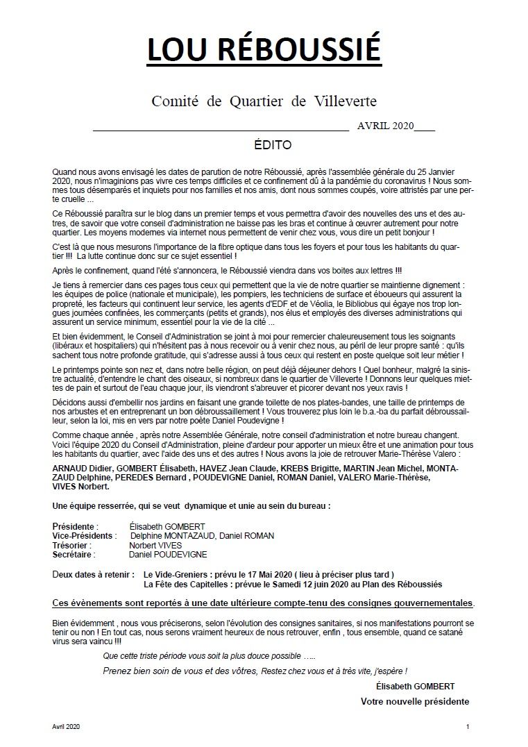 Villeverte, comité de quartier à Nîmes, compte rendu de l'Assemblée Générale 2020, lou Réboussier