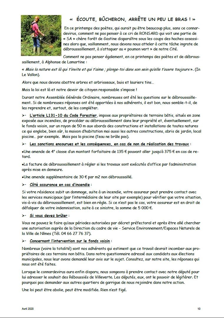 Villeverte, comité de quartier à Nîmes, Débroussaillement, débroussaillage, sanction, obligation
