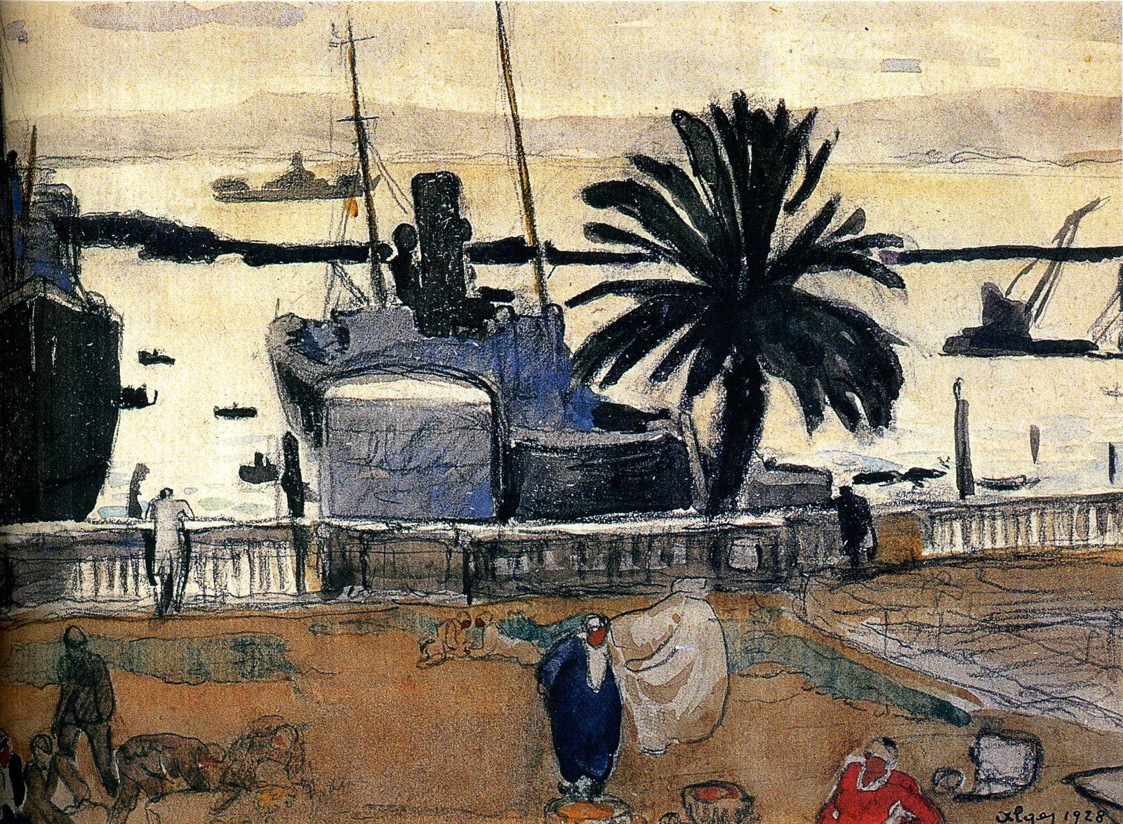 Jean Bouchaud / Le Balcon du Port 1928 : Aquarelle gouachée