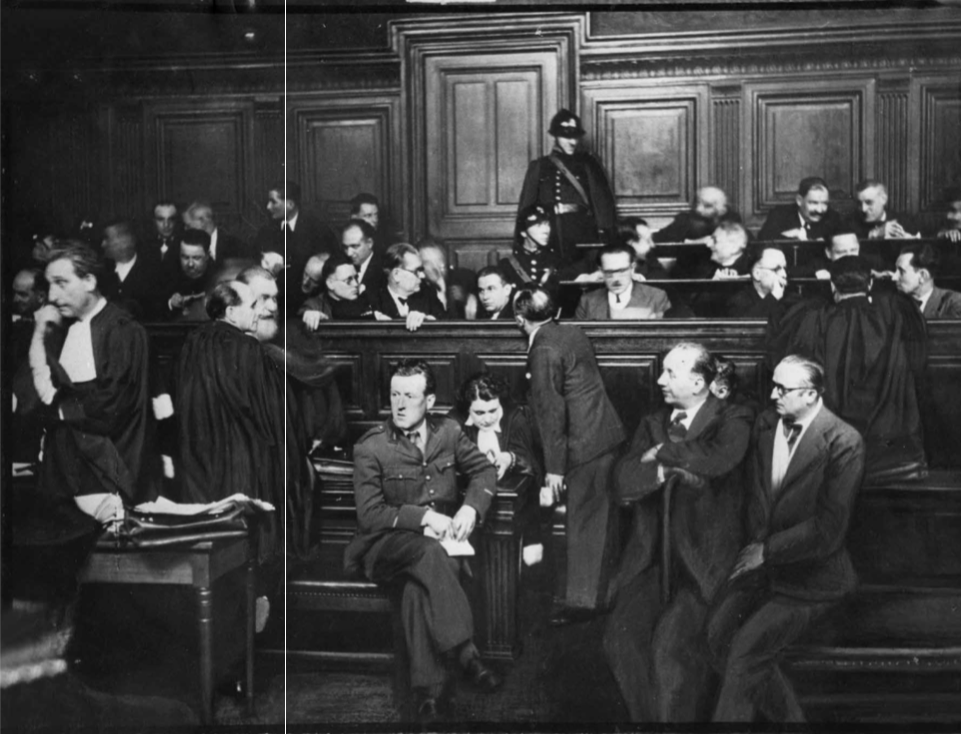 Déchus de leur mandat, 44 élus du PCF sont envoyés devant le 3e tribunal militaire de Paris, qui condamnera la plupart à 5 ans de prison et à la privation de leurs droits. Au premier plan, Étienne Fajon en uniforme.