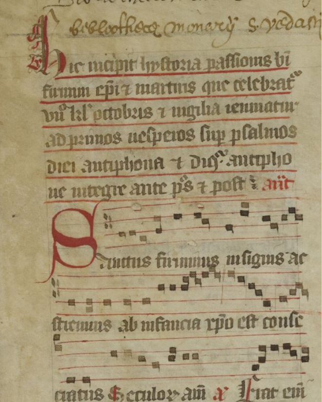 ou encore un office historié de saint Firmin provenant aussi de Saint Vaast d'Arras dans le Ms 957 (cat. 709) :